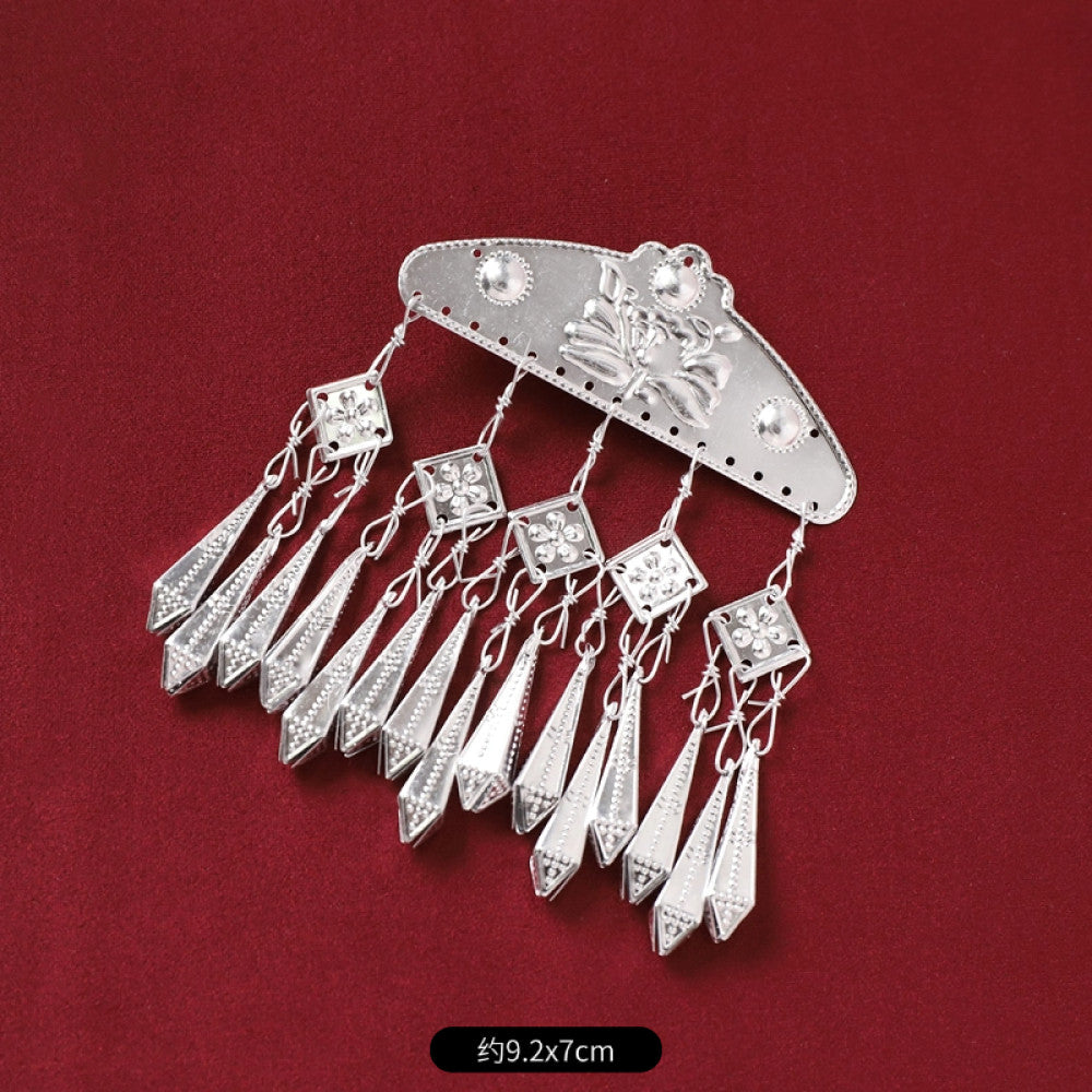 Boho vintage ethnic silver-tone decorative brooch/ornament (displayed on a rich red velvet background) featuring butterfly & lotus details, plus fish-shaped and pearl tassel pendants, ideal for bohemian retro or traditional fashion styling in the US 04