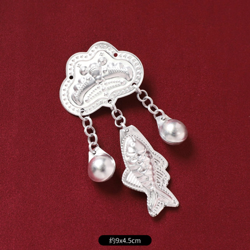 Boho vintage ethnic silver-tone decorative brooch/ornament (displayed on a rich red velvet background) featuring butterfly & lotus details, plus fish-shaped and pearl tassel pendants, ideal for bohemian retro or traditional fashion styling in the US 05