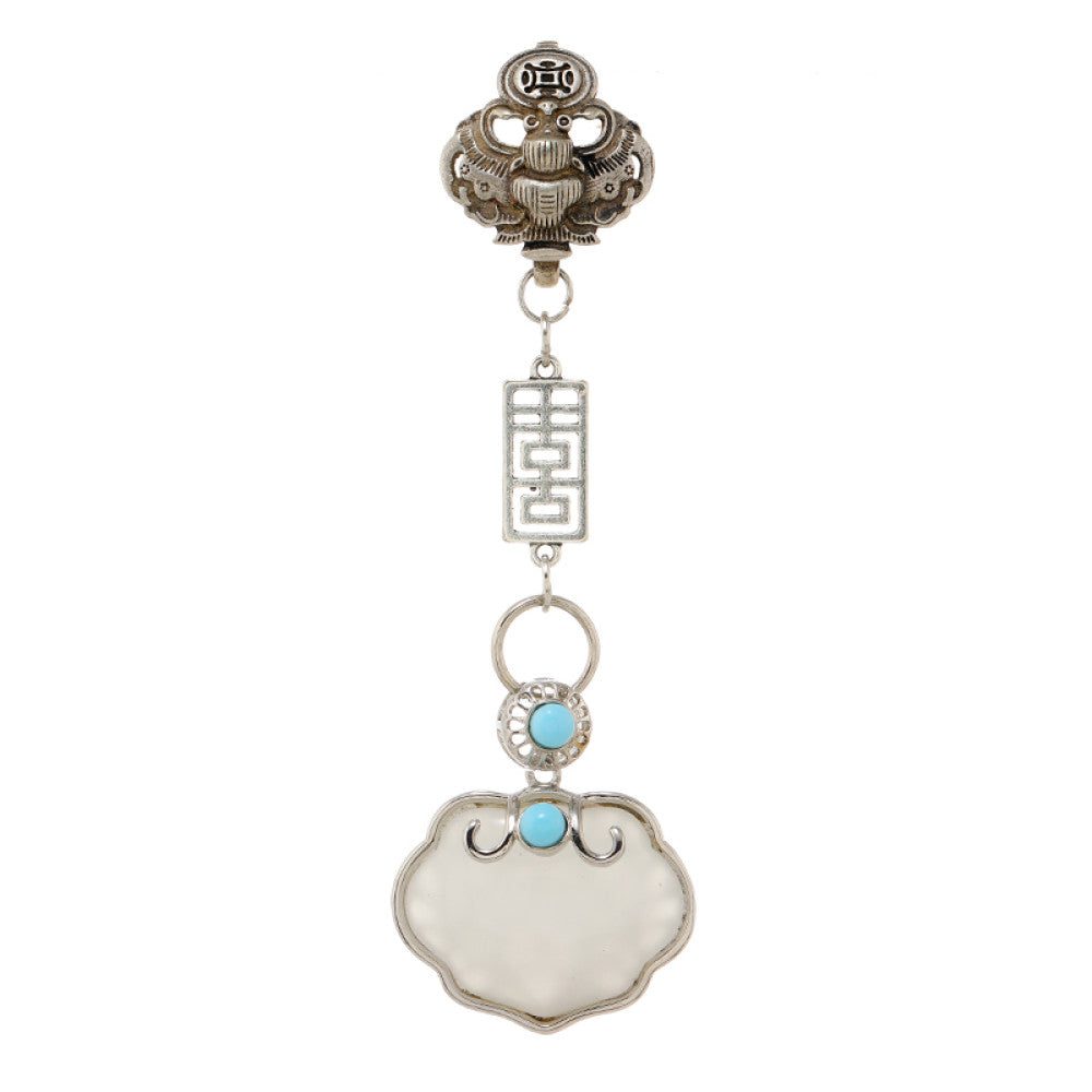 Boho vintage ethnic silver-tone hair pendant featuring lion-shaped decorative clasp, double happiness character detail, light blue bead accent, and a white lock-shaped pendant, styled on a wooden display hook against a black background, ideal for bohemian and traditional fashion enthusiasts in the US 04