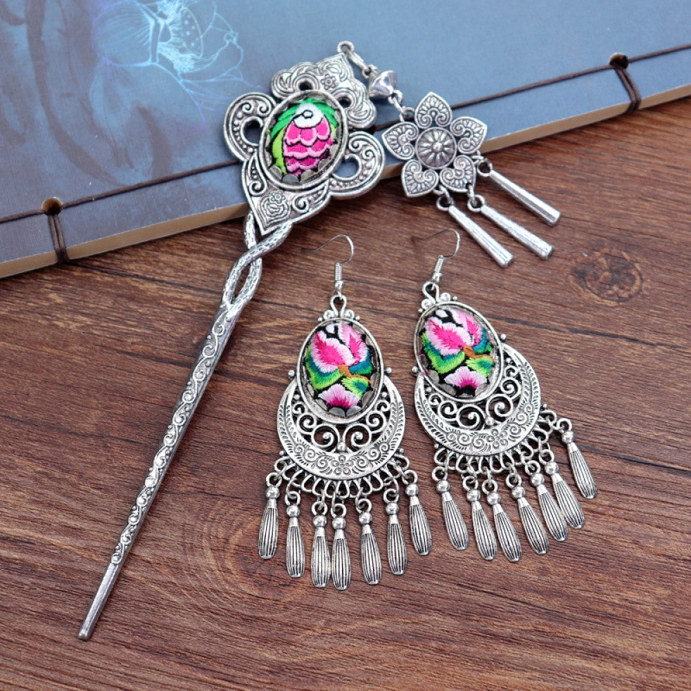 Boho vintage ethnic silver-tone hair stick & earring set featuring enamel purple flower details and silver fringe pendants, ideal for bohemian retro or traditional fashion styling in the US