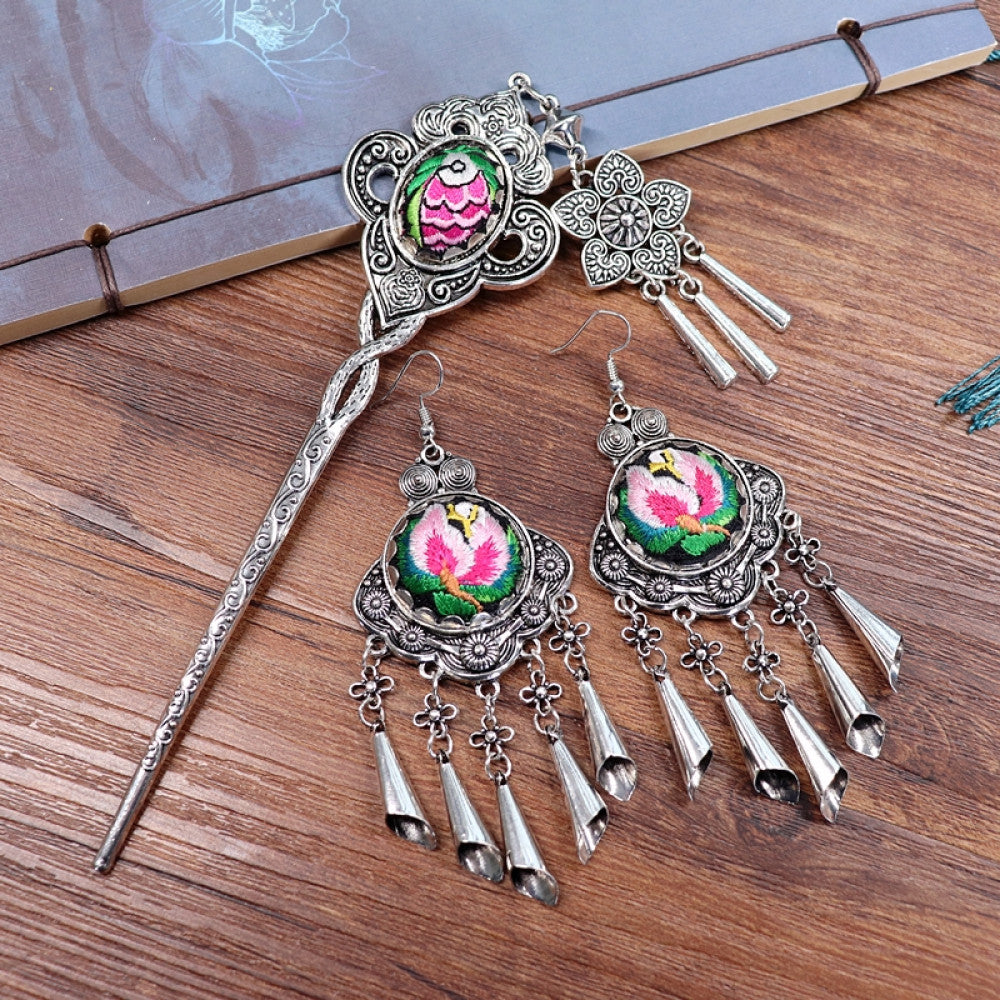 Boho vintage ethnic silver-tone hair stick & earring set featuring enamel purple flower details and silver fringe pendants, ideal for bohemian retro or traditional fashion styling in the US 01