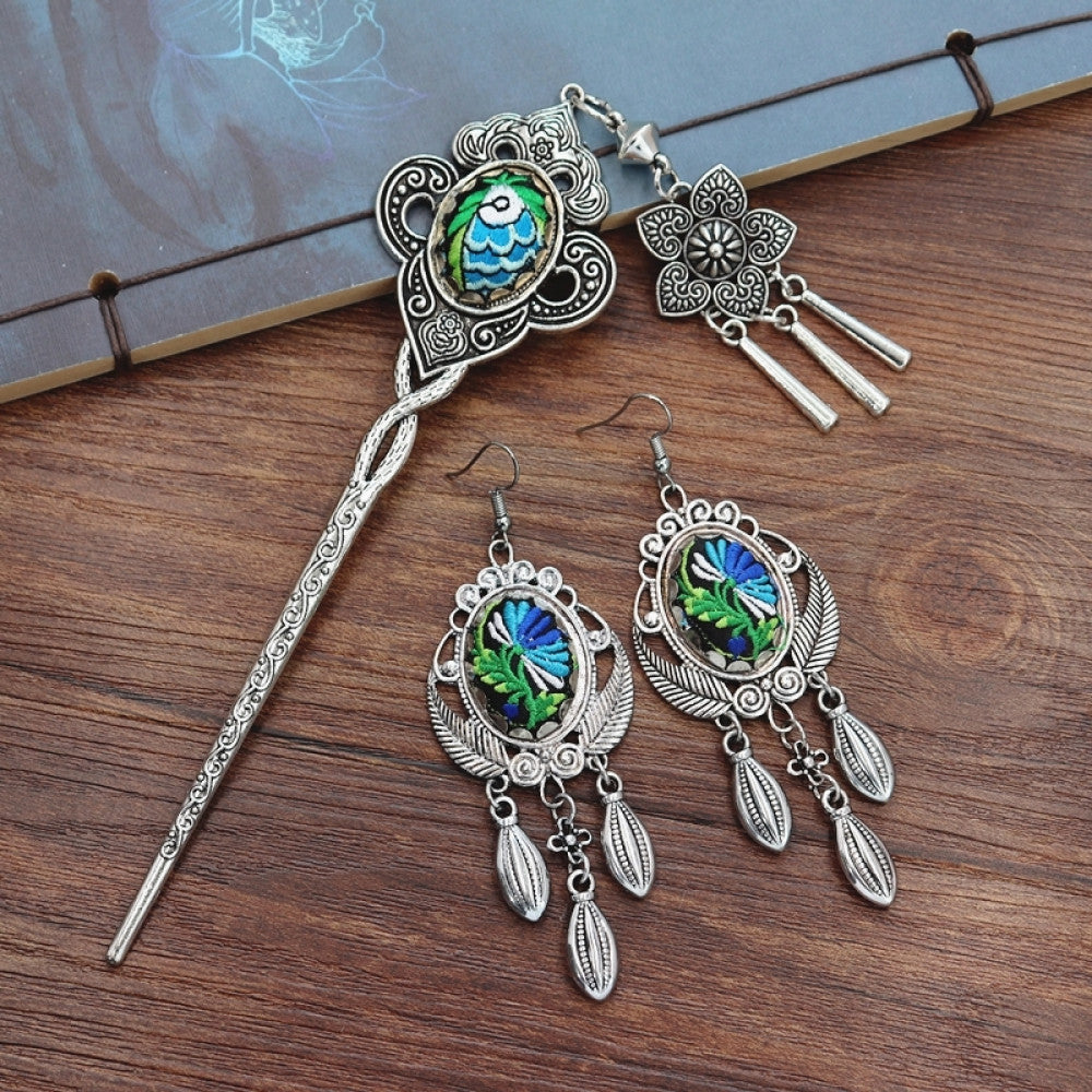 Boho vintage ethnic silver-tone hair stick & earring set featuring enamel purple flower details and silver fringe pendants, ideal for bohemian retro or traditional fashion styling in the US 02