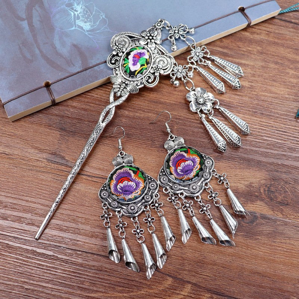 Boho vintage ethnic silver-tone hair stick & earring set featuring enamel purple flower details and silver fringe pendants, ideal for bohemian retro or traditional fashion styling in the US 03