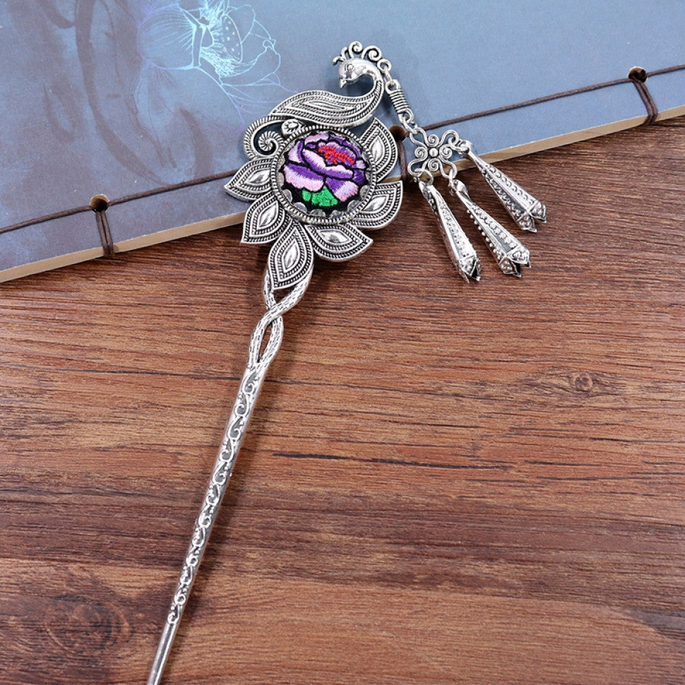 Boho vintage ethnic silver tone hair stick earring set featuring ornate details, a colorful accent