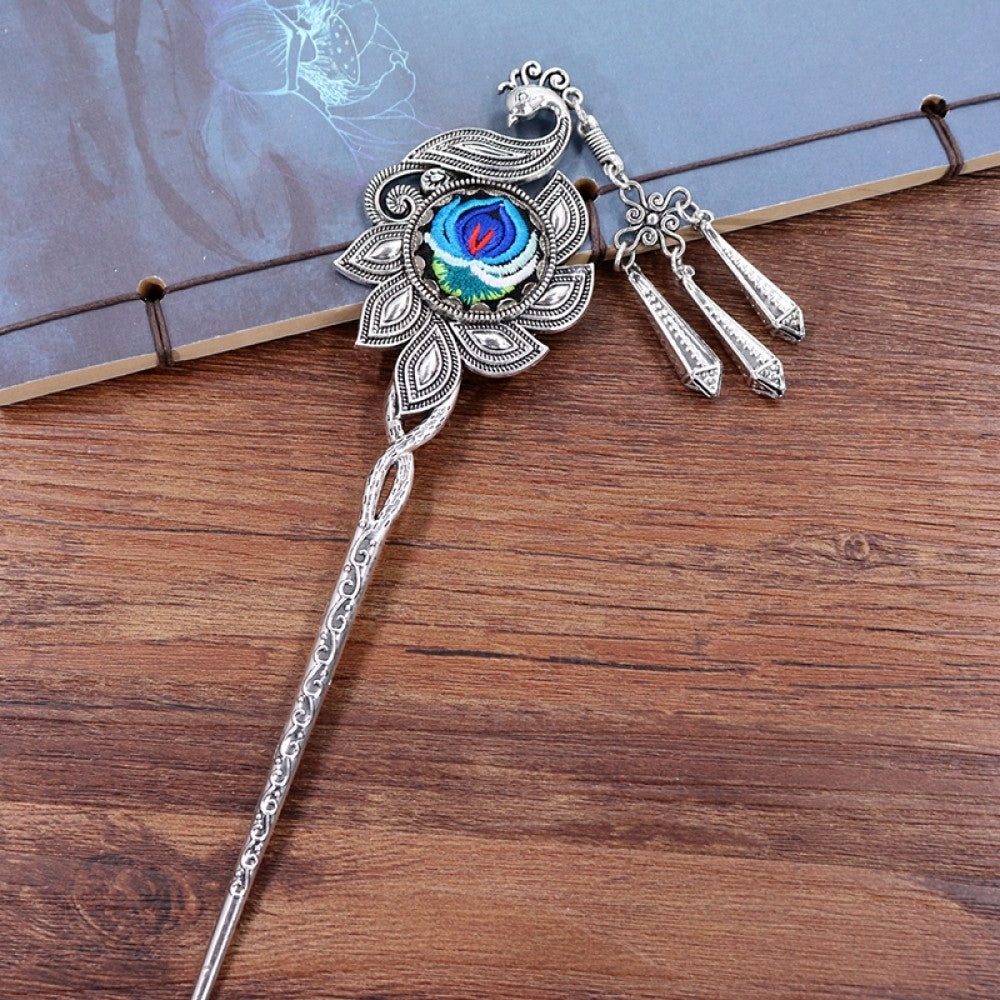 Boho vintage ethnic silver tone hair stick earring set featuring ornate details, a colorful accent 01