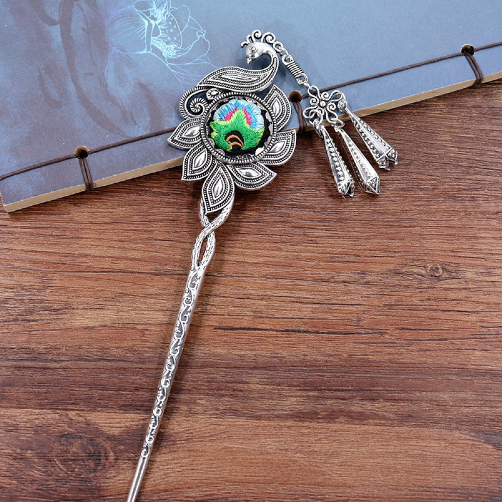 Boho vintage ethnic silver tone hair stick earring set featuring ornate details, a colorful accent 02