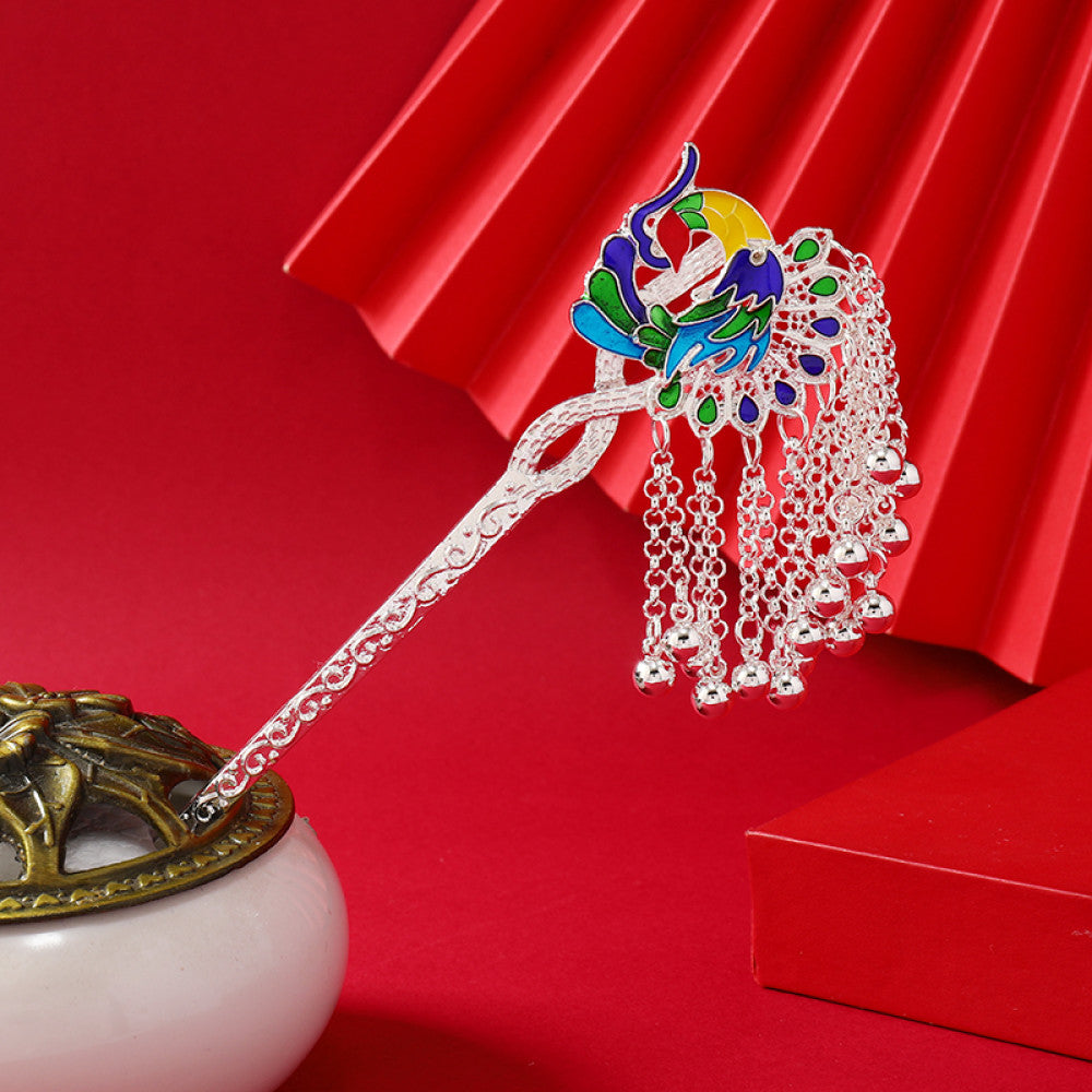 Boho vintage ethnic silver-tone hair stick featuring an elaborate peacock openwork design and layered bell tassel fringe