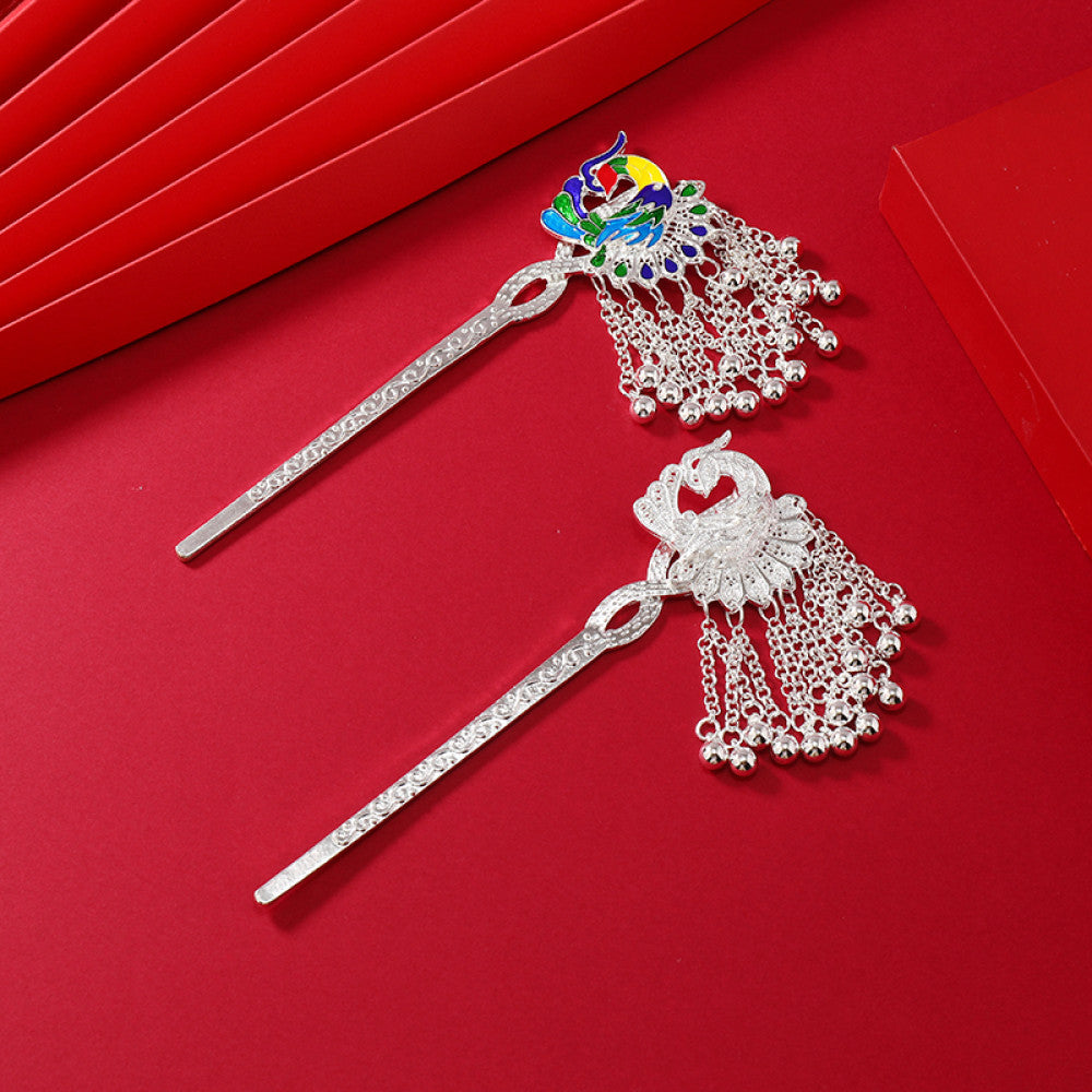 Boho vintage ethnic silver-tone hair stick featuring an elaborate peacock openwork design and layered bell tassel fringe 02