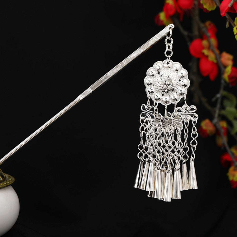 Boho vintage ethnic silver-tone hair stick featuring an intricate rooster-shaped charm, detailed decorative accents, and layered silver tassel pendants 14