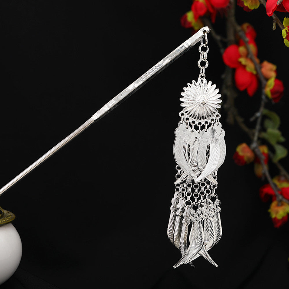 Boho vintage ethnic silver-tone hair stick featuring an intricate rooster-shaped charm, detailed decorative accents, and layered silver tassel pendants 16