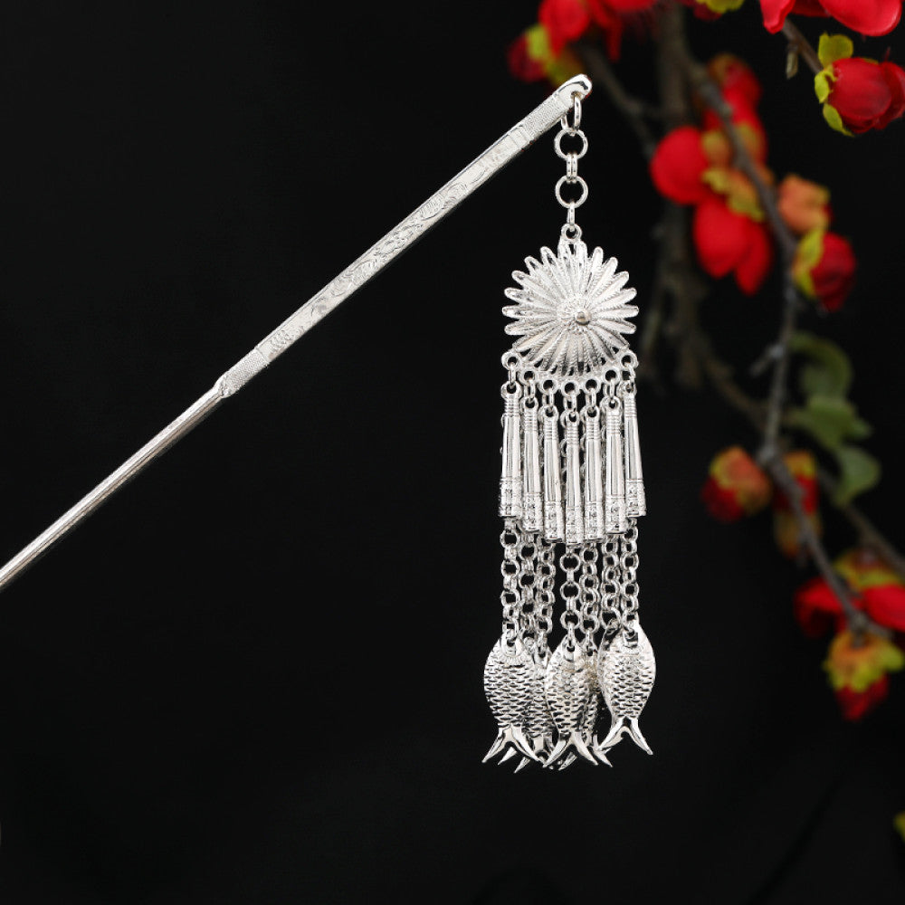 Boho vintage ethnic silver-tone hair stick featuring an intricate rooster-shaped charm, detailed decorative accents, and layered silver tassel pendants 17