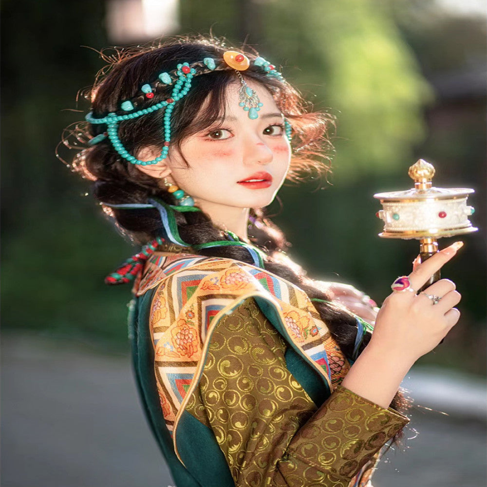 Boho vintage ethnic traditional hair jewelry set (turquoise beads headpiece, ornate forehead chain, layered multi-color bead earrings) styled with braided hair & ethnic costume, displayed in outdoor natural light, ideal for bohemian ethnic fashion styling in the US