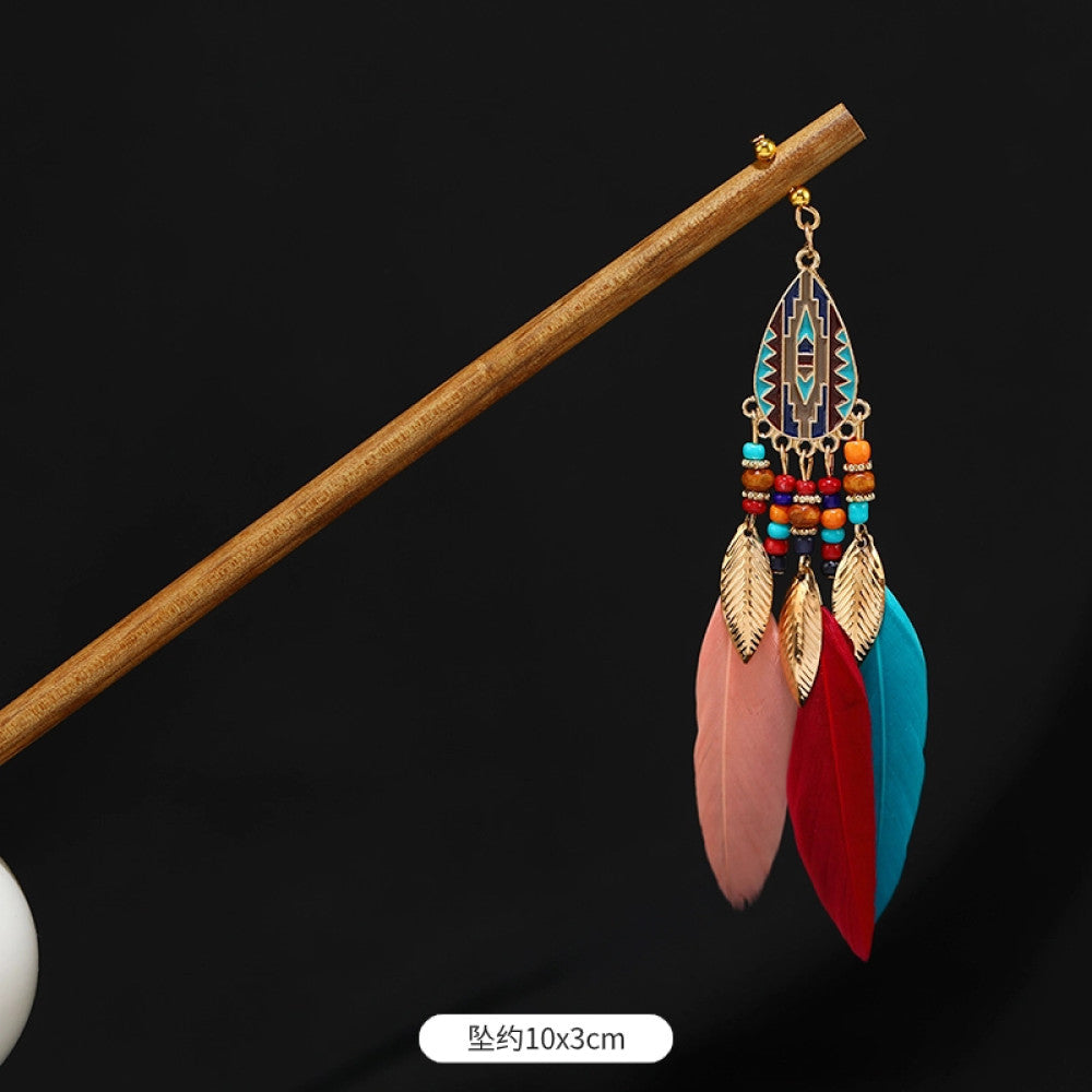 Boho vintage ethnic wooden hair stick featuring colorful bead accents, an ethnic style decorative plaque, and multi-color feather tassels  displayed against a black background, ideal for bohemian traditional fashion styling in the US