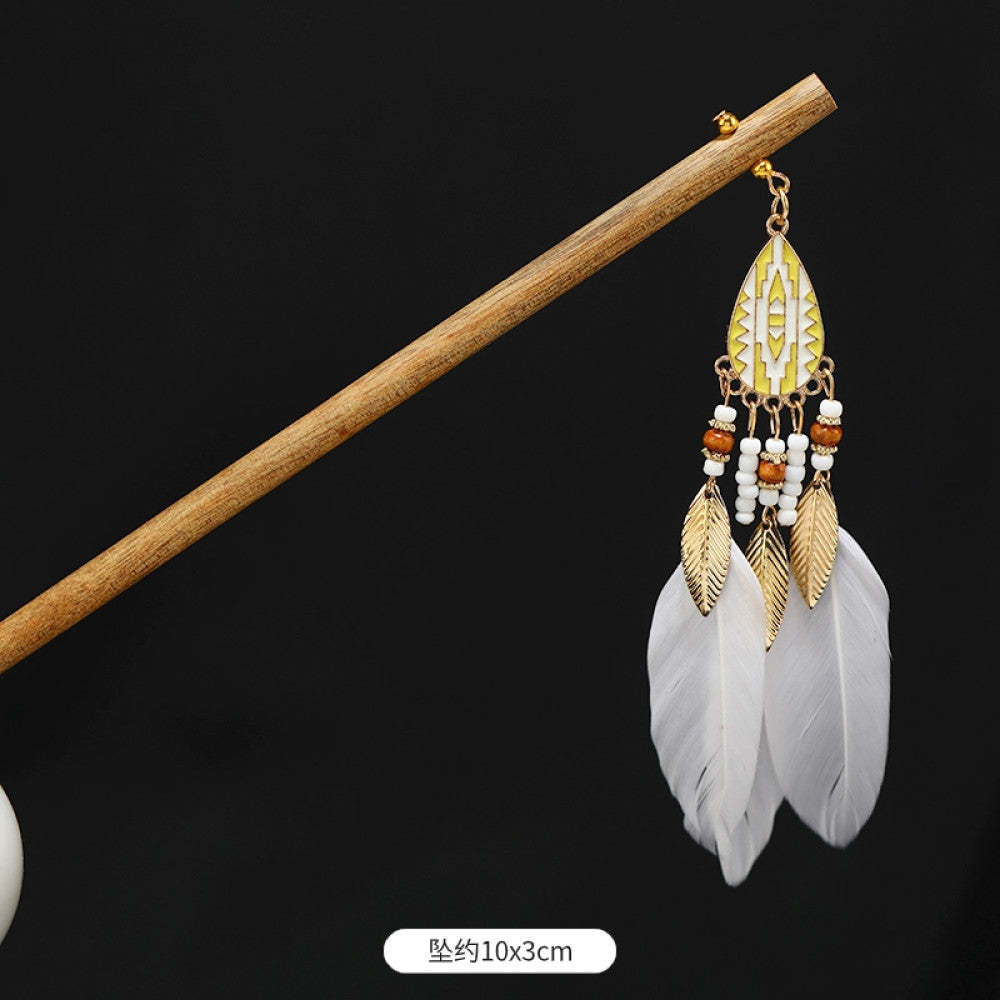 Boho vintage ethnic wooden hair stick featuring colorful bead accents, an ethnic style decorative plaque, and multi-color feather tassels  displayed against a black background, ideal for bohemian traditional fashion styling in the US 01
