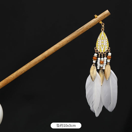 Boho vintage ethnic wooden hair stick featuring colorful bead accents, an ethnic style decorative plaque, and multi-color feather tassels  displayed against a black background, ideal for bohemian traditional fashion styling in the US 01