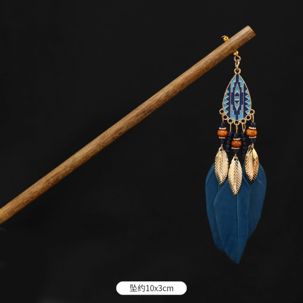 Boho vintage ethnic wooden hair stick featuring colorful bead accents, an ethnic style decorative plaque, and multi-color feather tassels  displayed against a black background, ideal for bohemian traditional fashion styling in the US 02