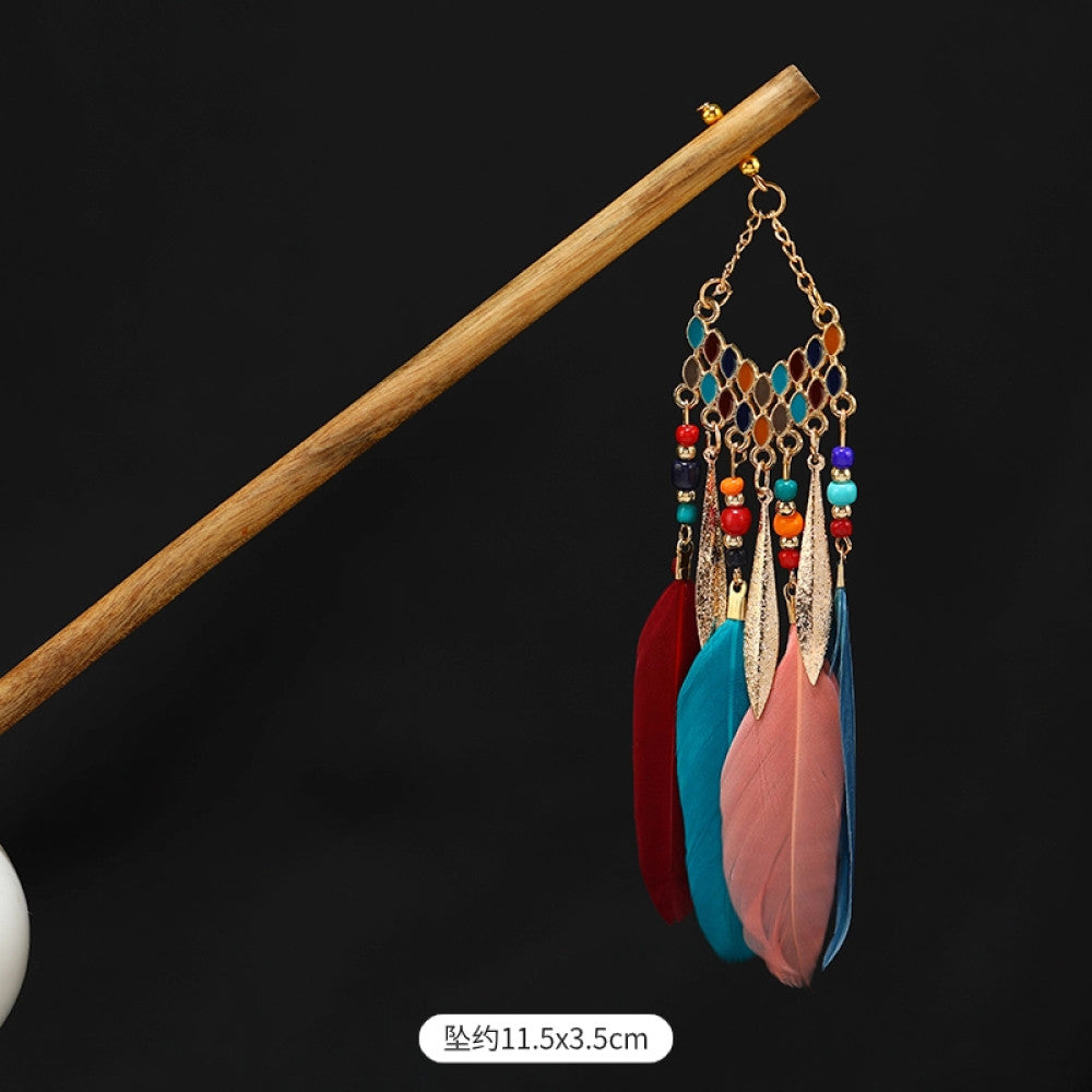 Boho vintage ethnic wooden hair stick featuring colorful bead accents, an ethnic style decorative plaque, and multi-color feather tassels  displayed against a black background, ideal for bohemian traditional fashion styling in the US 03