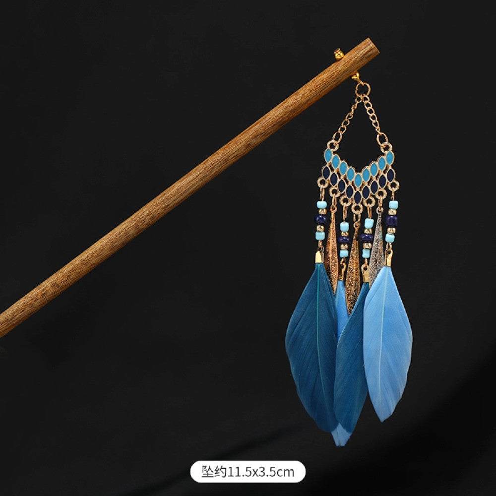 Boho vintage ethnic wooden hair stick featuring colorful bead accents, an ethnic style decorative plaque, and multi-color feather tassels  displayed against a black background, ideal for bohemian traditional fashion styling in the US 04