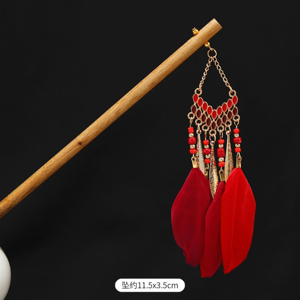 Boho vintage ethnic wooden hair stick featuring colorful bead accents, an ethnic style decorative plaque, and multi-color feather tassels  displayed against a black background, ideal for bohemian traditional fashion styling in the US 05