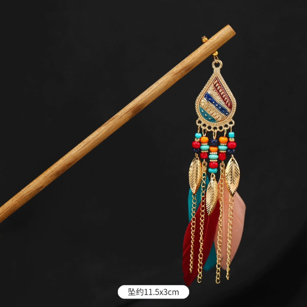 Boho vintage ethnic wooden hair stick featuring colorful bead accents, an ethnic style decorative plaque, and multi-color feather tassels  displayed against a black background, ideal for bohemian traditional fashion styling in the US 06
