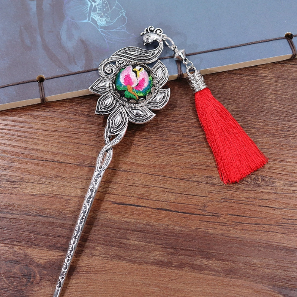 Boho vintage ethnic silver tone hair stick earring set featuring ornate details, a colorful accent 03