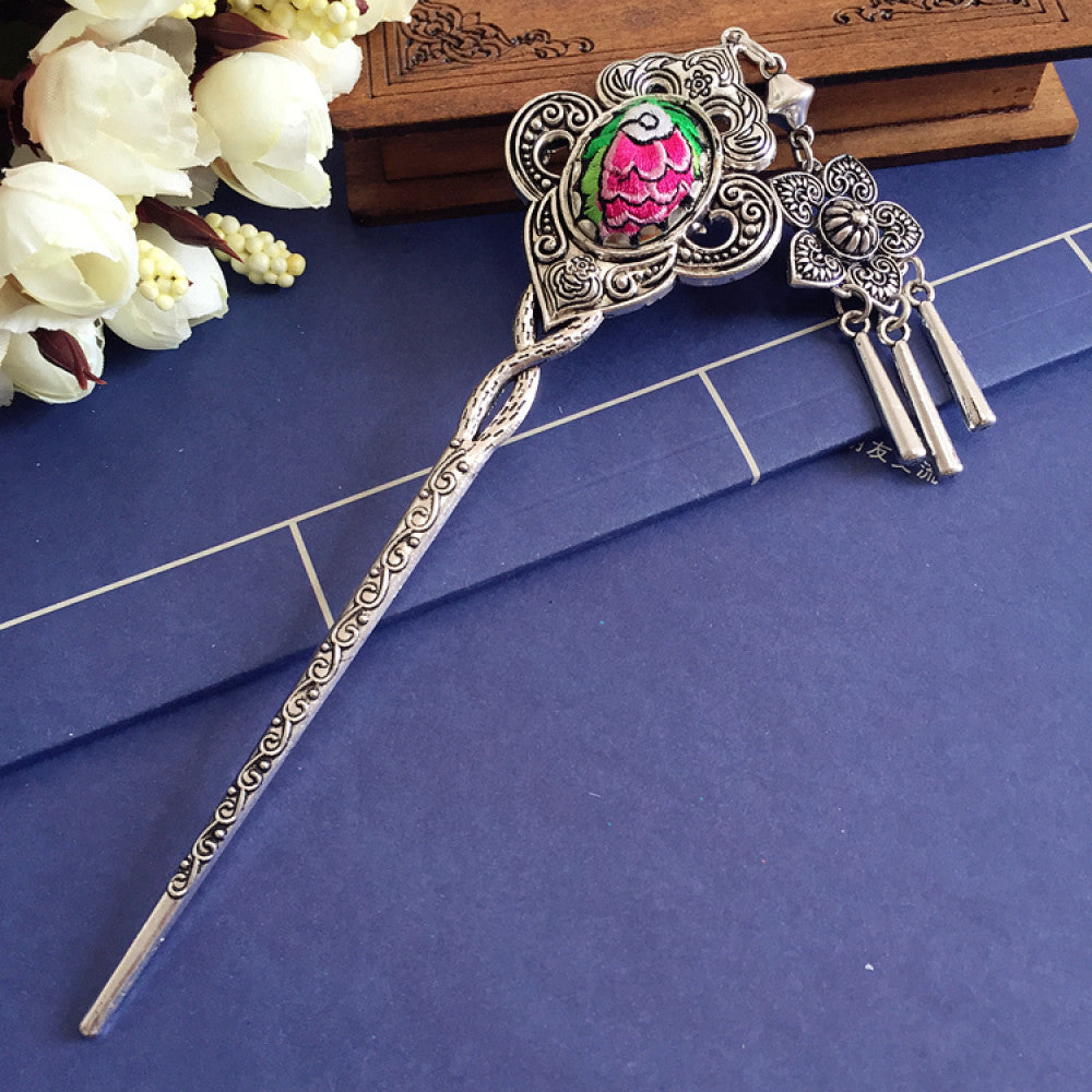 Boho vintage ethnic silver tone hair stick earring set featuring ornate details, a colorful accent 04