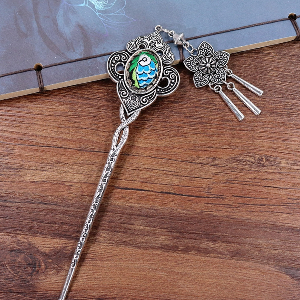 Boho vintage ethnic silver tone hair stick earring set featuring ornate details, a colorful accent 05
