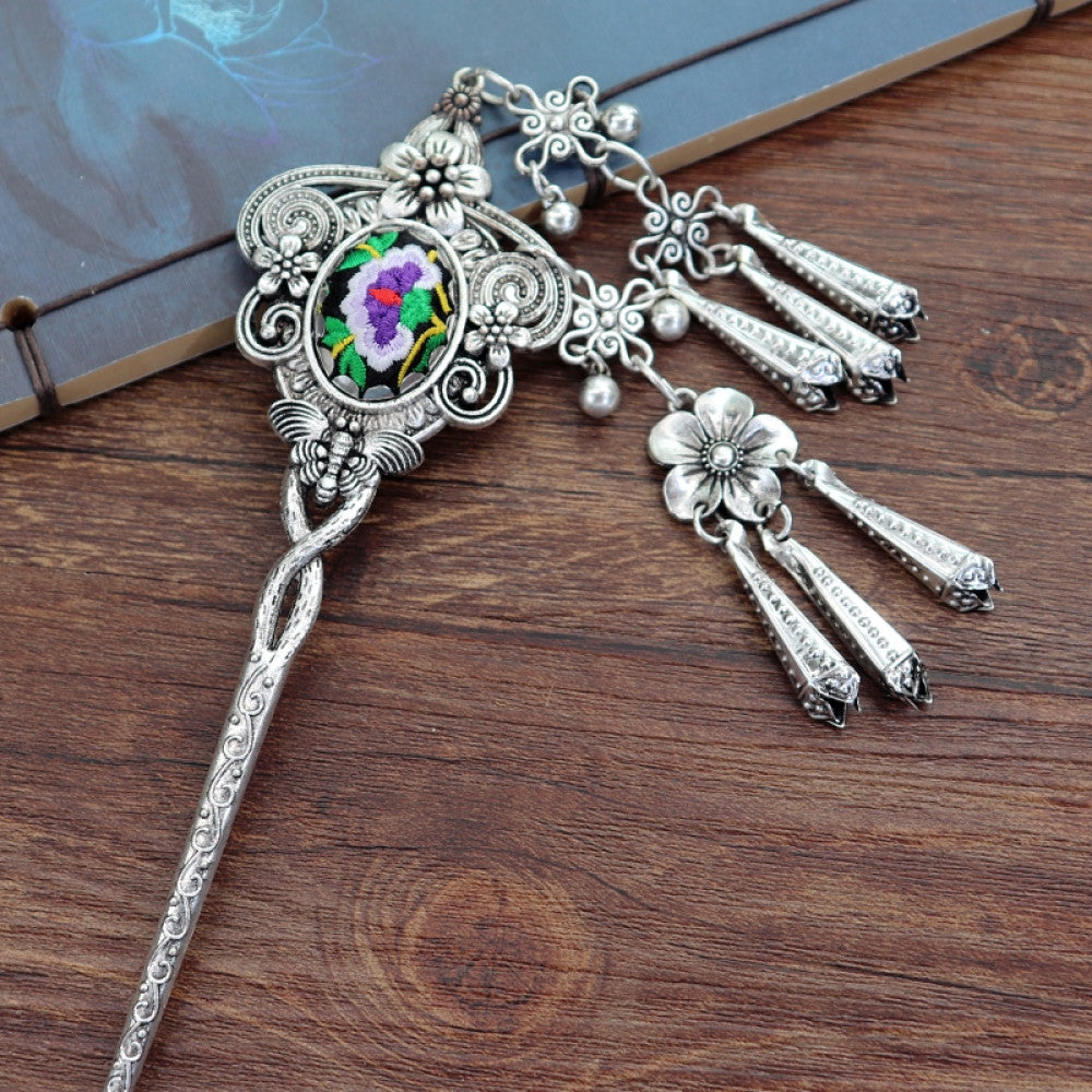 Boho vintage ethnic silver tone hair stick earring set featuring ornate details, a colorful accent 06