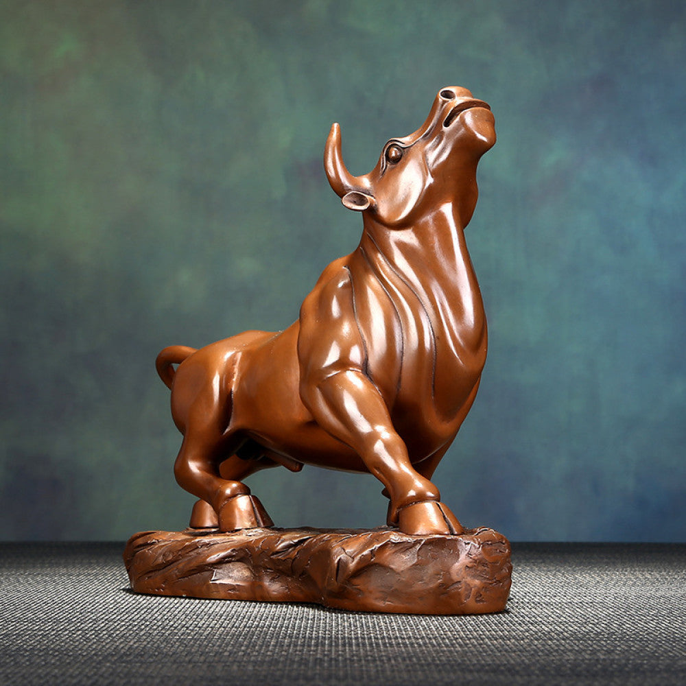 Bronze bull statue with a powerful stance, a Feng Shui symbol of strength and good fortune, displayed as elegant home decor against a textured background 03