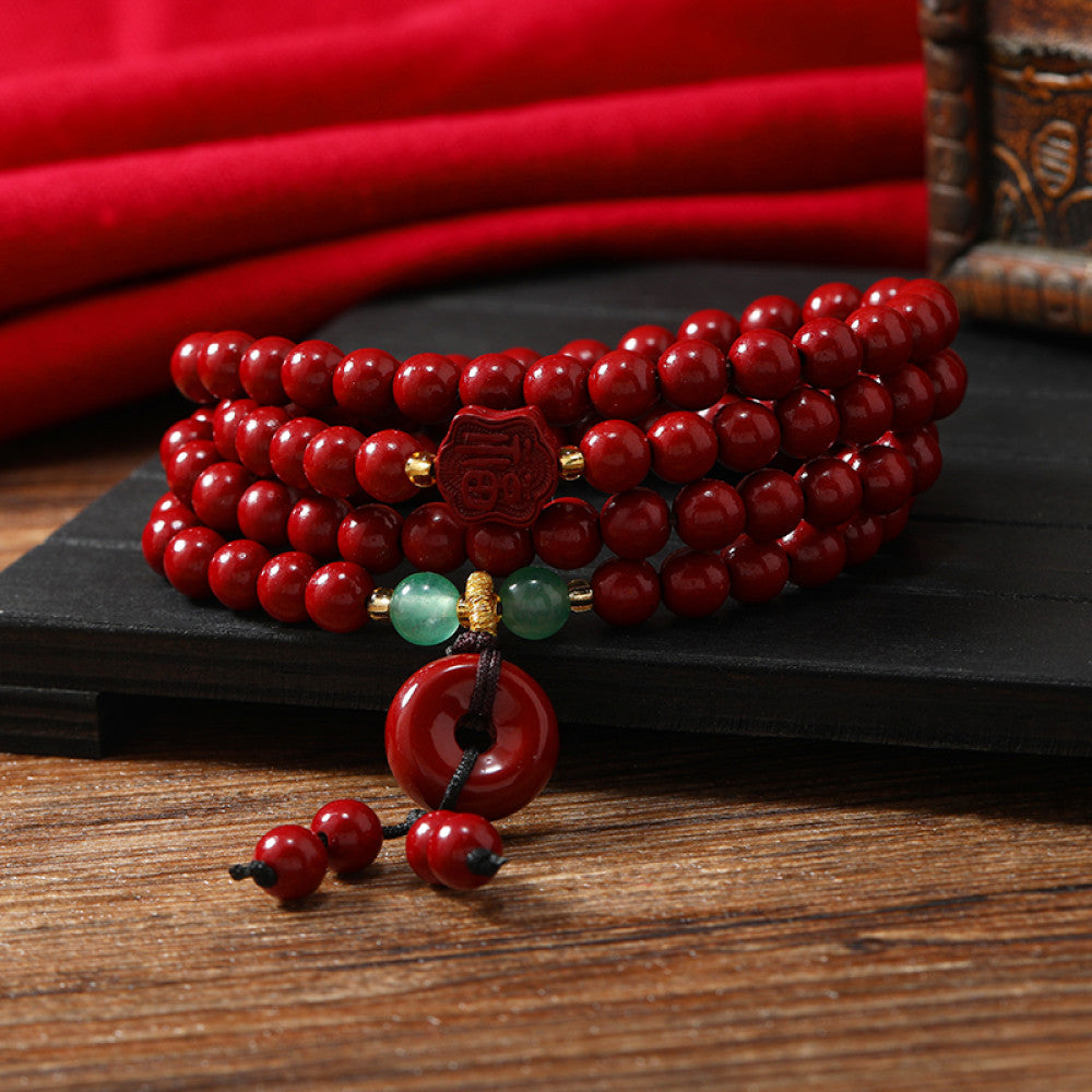 Deep red cinnabar paired with blue chalcedony, balanced and noble.