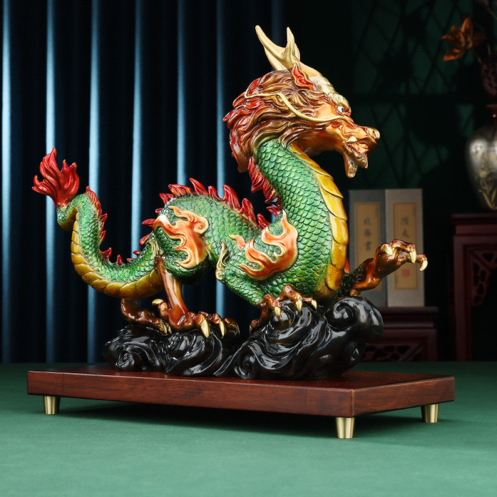 Colorful Chinese dragon statue with green, red, and gold details, a Feng Shui symbol of good fortune and strength, displayed on a wooden base as elegant home decor against a dark background 02