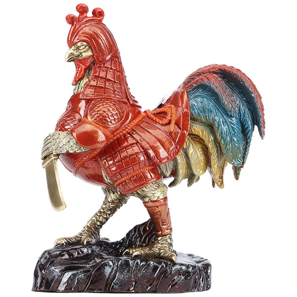 Colorful rooster warrior statue with intricate details, a Feng Shui symbol of good fortune, displayed as unique home decor against a blue background04