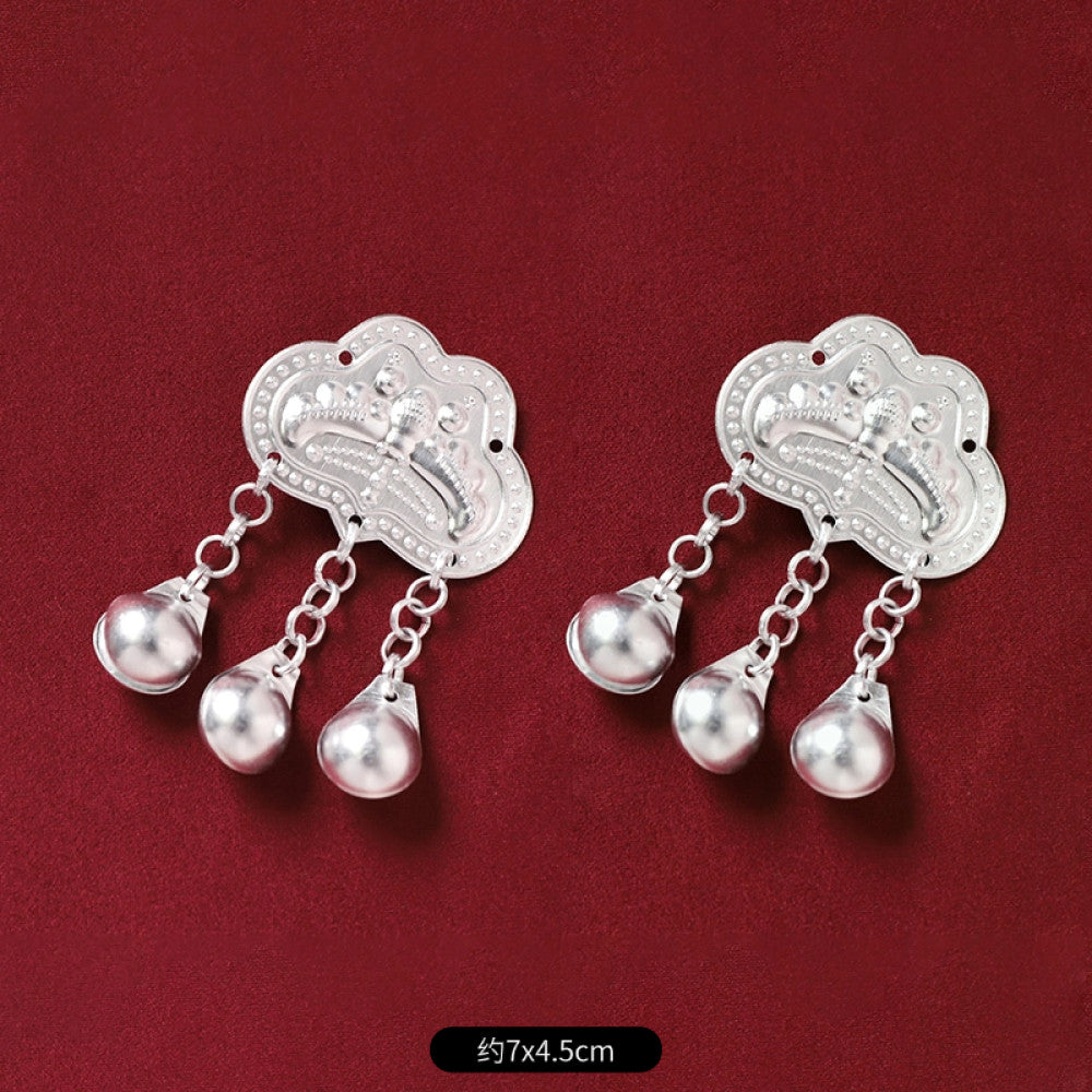 ethnic 2-piece silver-tone decorative ornament set featuring butterfly, lotus details, plus fish-shaped and pearl tassel pendants 01