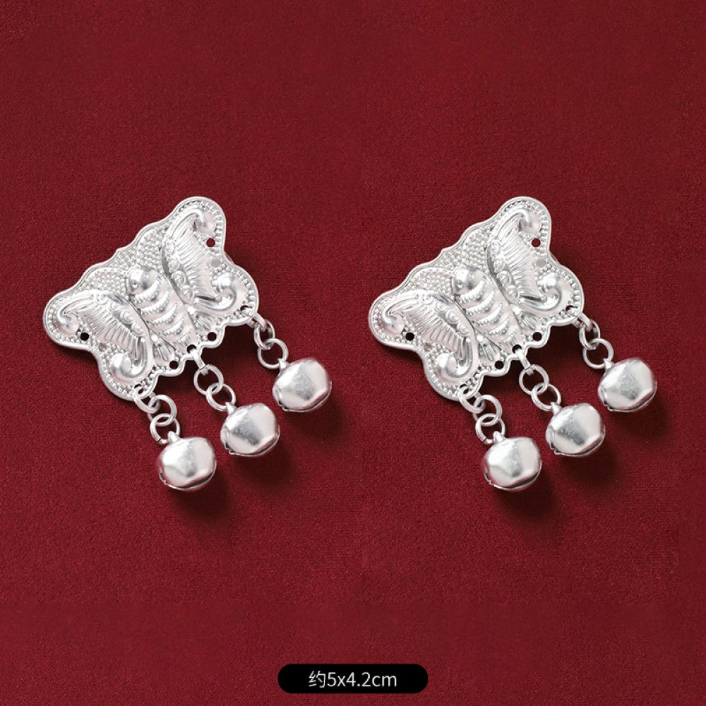 ethnic 2-piece silver-tone decorative ornament set featuring butterfly, lotus details, plus fish-shaped and pearl tassel pendants 02