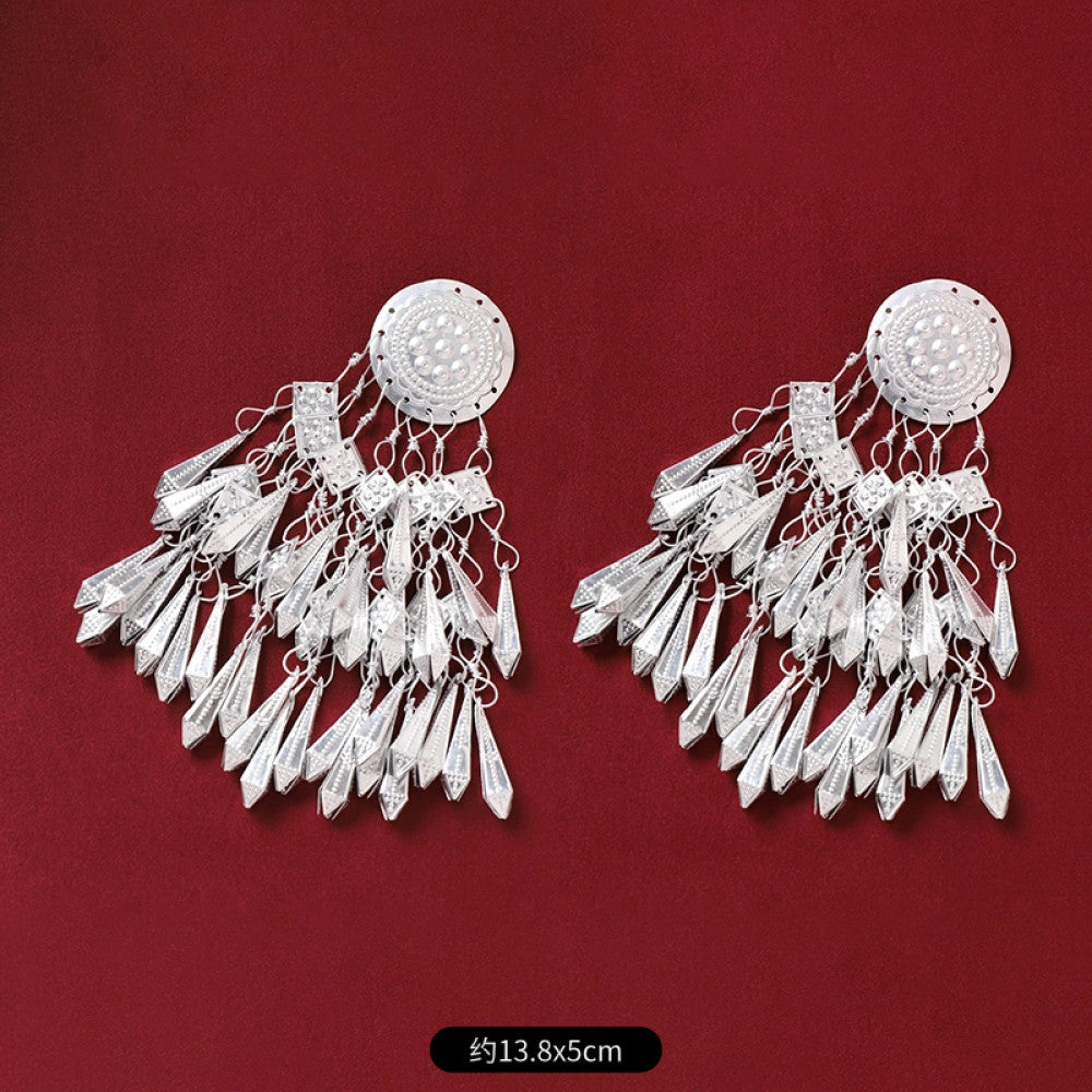 ethnic 2-piece silver-tone decorative ornament set featuring butterfly, lotus details, plus fish-shaped and pearl tassel pendants 03
