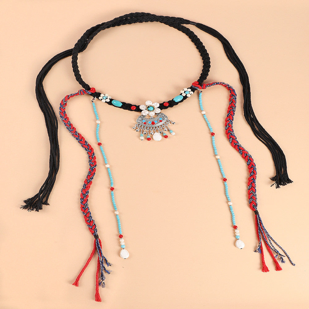 Boho vintage ethnic black braided choker necklace featuring turquoise bead details, a yellow decorative piece