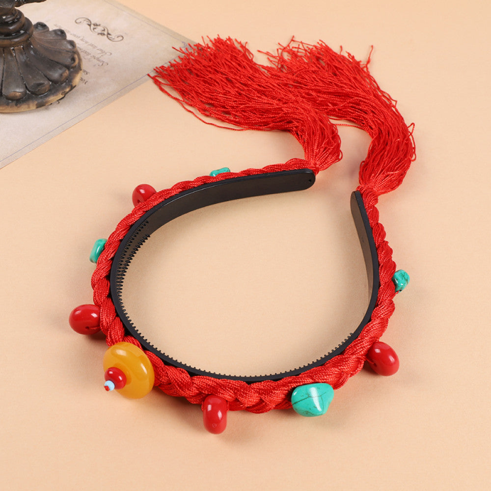 Boho vintage ethnic black braided hair hoop headband featuring red beads, turquoise decorative pieces