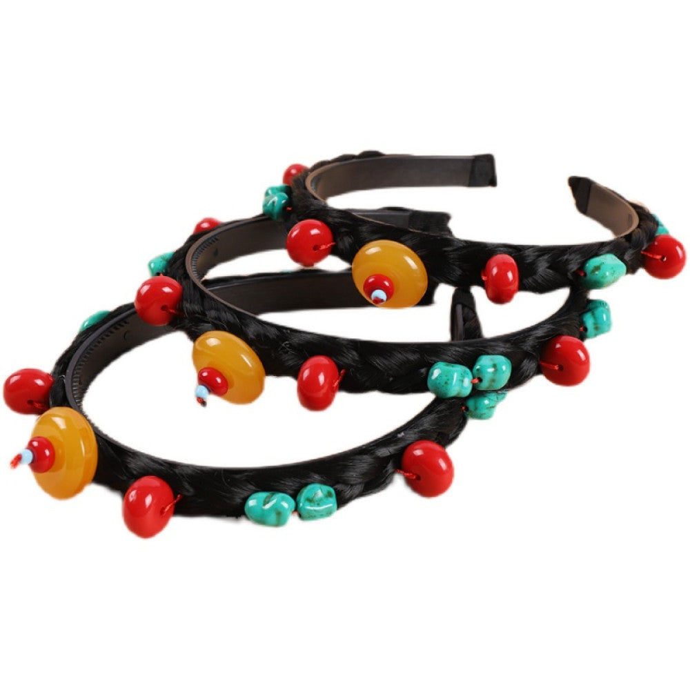 ethnic black braided hair hoop headband featuring red beads, turquoise decorative pieces 03
