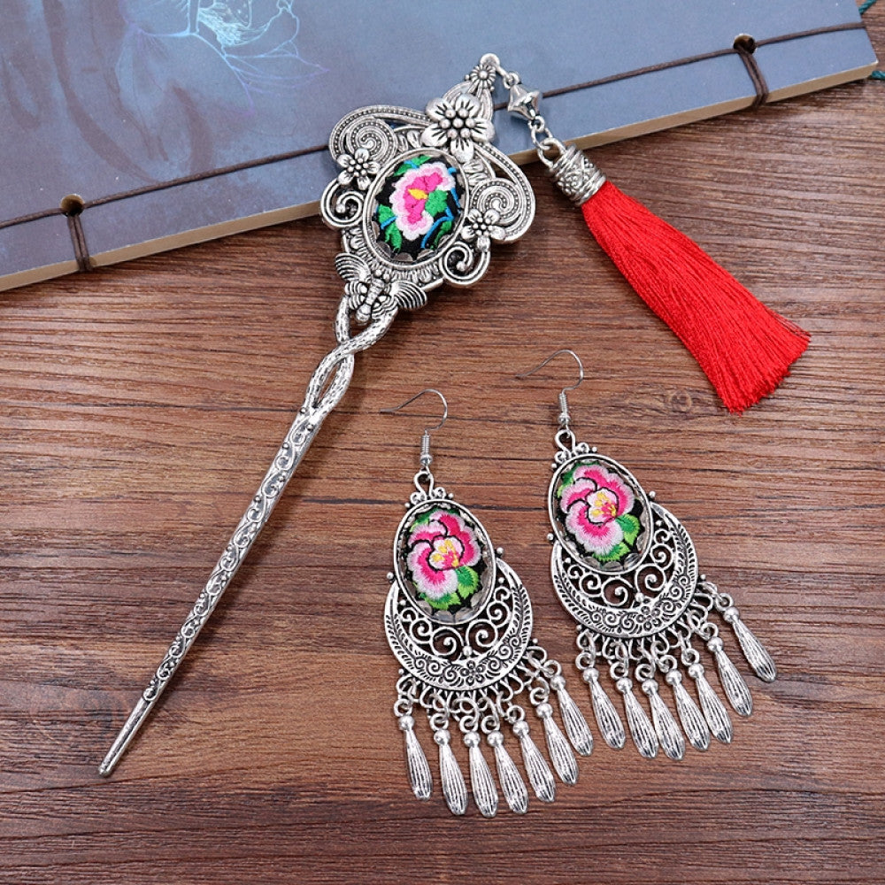 Boho vintage ethnic silver-tone hair stick earring set featuring enamel purple flower details and silver fringe pendants