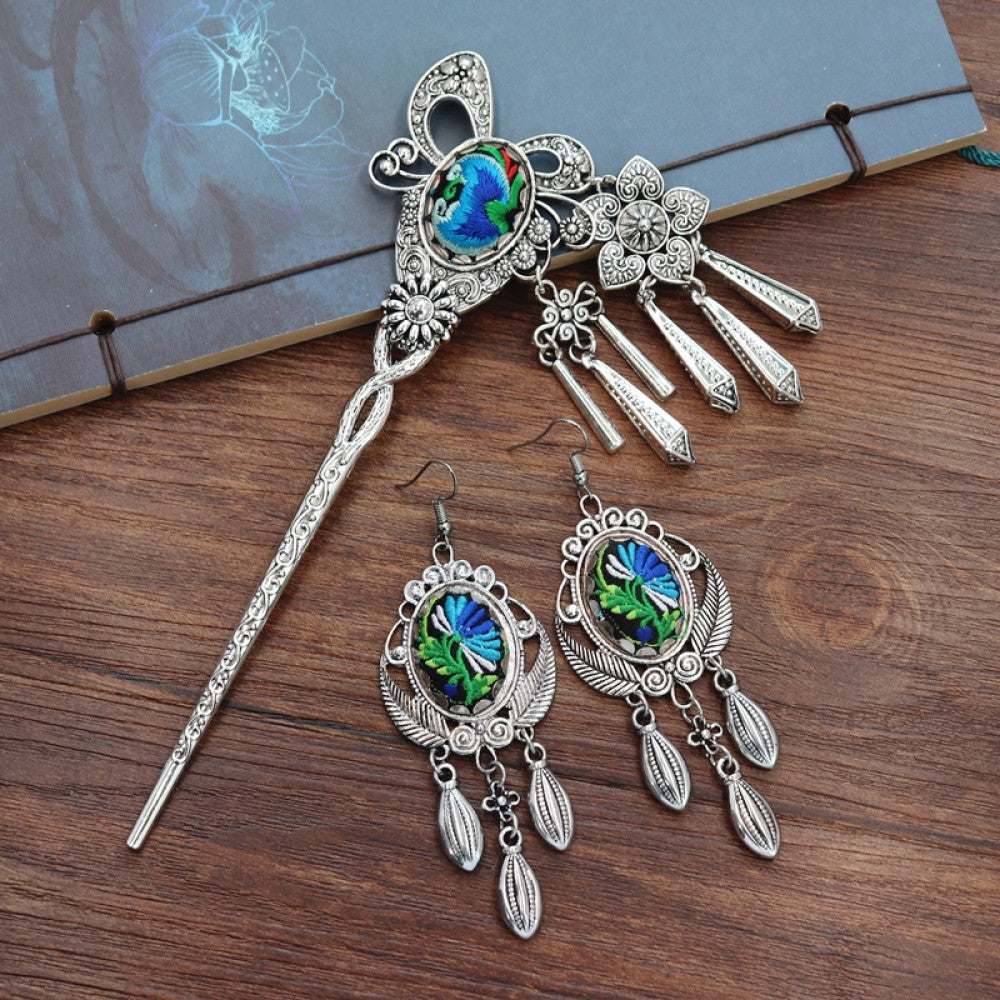 Boho vintage ethnic silver-tone hair stick earring set featuring enamel purple flower details and silver fringe pendants 01