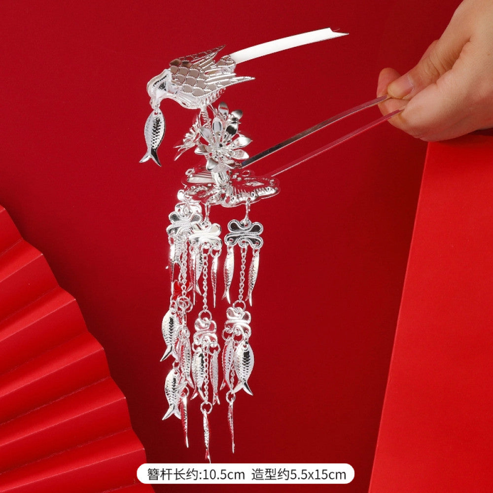 Boho vintage ethnic silver-tone hair stick featuring intricate openwork details and layered tassel fringe 01