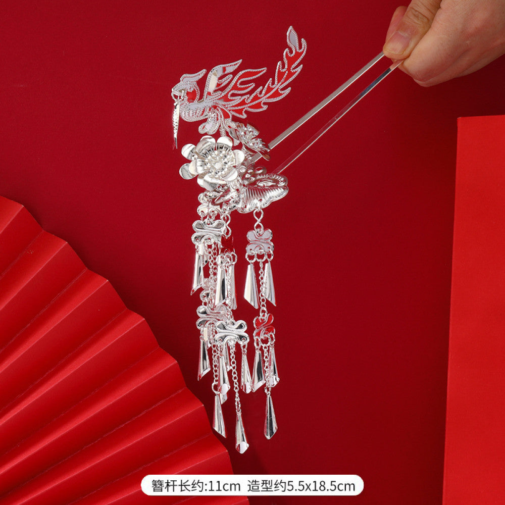 Boho vintage ethnic silver-tone hair stick featuring intricate openwork details and layered tassel fringe 02