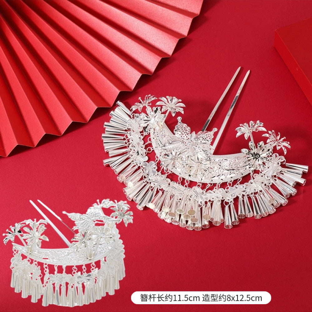 Boho vintage ethnic silver-tone hair stick featuring intricate openwork details and layered tassel fringe 04