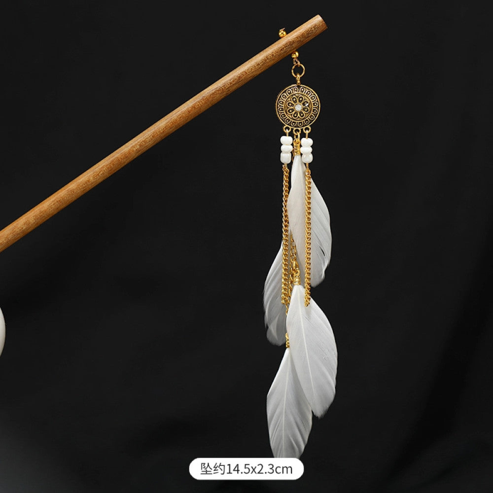 Boho vintage ethnic wooden hair stick featuring colorful bead accents, an ethnic style decorative plaque, and multi-color feather tassels  displayed against a black background 03