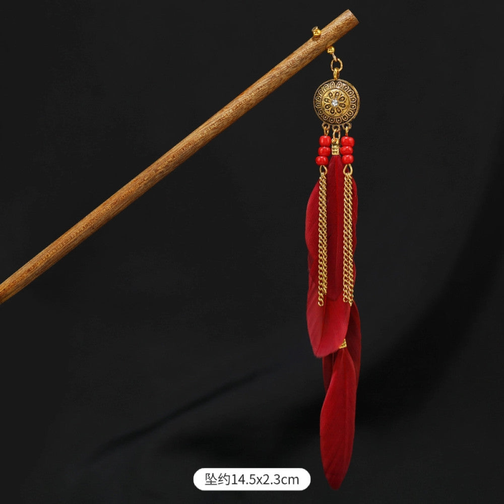 Boho vintage ethnic wooden hair stick featuring colorful bead accents, an ethnic style decorative plaque, and multi-color feather tassels  displayed against a black background 04