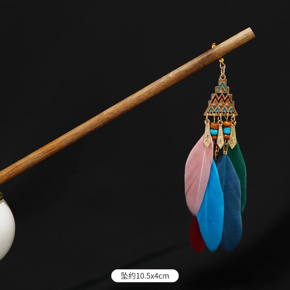 Boho vintage ethnic wooden hair stick featuring colorful bead accents, an ethnic style decorative plaque, and multi-color feather tassels  displayed against a black background 05
