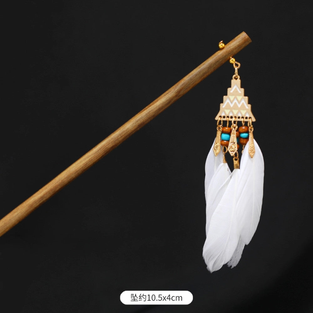 Boho vintage ethnic wooden hair stick featuring colorful bead accents, an ethnic style decorative plaque, and multi-color feather tassels  displayed against a black background 06