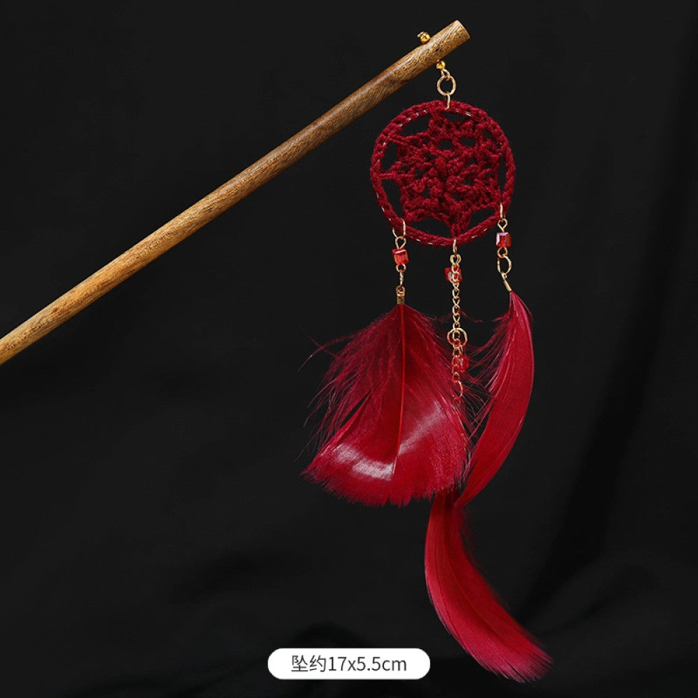 Boho vintage ethnic wooden hair stick featuring colorful bead accents, an ethnic style decorative plaque, and multi-color feather tassels  displayed against a black background 07
