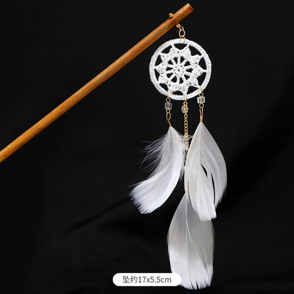 Boho vintage ethnic wooden hair stick featuring colorful bead accents, an ethnic style decorative plaque, and multi-color feather tassels  displayed against a black background 08