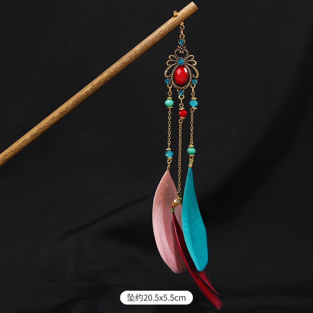 Boho vintage ethnic wooden hair stick featuring colorful bead accents, an ethnic style decorative plaque, and multi-color feather tassels  displayed against a black background 09
